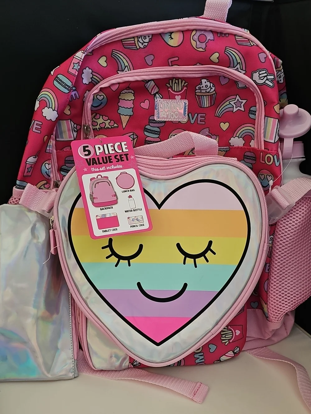 Limited Too Pink Rainbow Heart 5 Piece Backpack School Set NWT